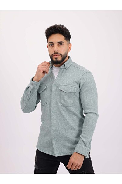 cliento Erkek Su Yeşili Regular Fit Likralı İçi Polarlı(yünlü) Yüksek Kalite Cepli Polar Gömlek