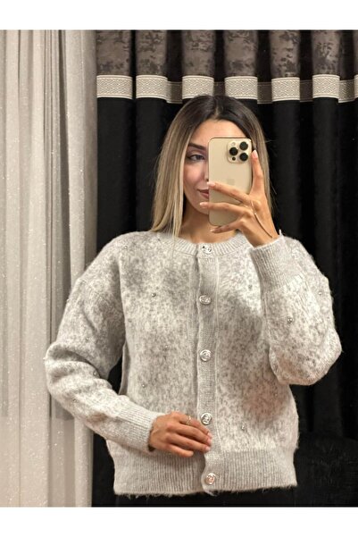 SHINE STYLE Light Gray Cardigan with Snowflake Stones