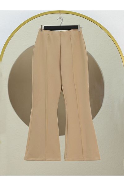 Modamorfo Pantaloni cu talie elastică din lycra cu picior evazat de culoare bej