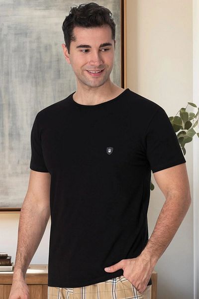 Mecit Pijama Μαύρο ανδρικό μπλουζάκι και πιτζάμες - Ποδηλατικό λαιμόκοψη, κοντό μανίκι, 95% βαμβάκι 5% λύκρα μονό μπλουζάκι