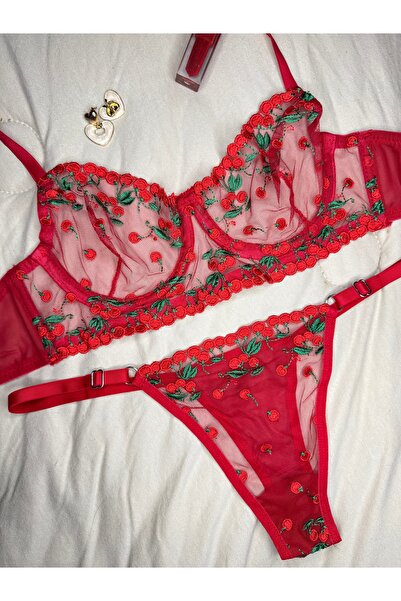 ROZENİN LINGERIE Σετ σουτιέν από τούλι χωρίς κάλυμμα με κόκκινο πράσινο κεράσι (ΣΟΥΤΙΕΝ TANGA)