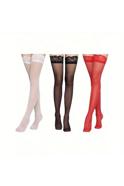 NiLi 3 Pairs of Thin Transparent Women's Garter Stockings with Lace Top