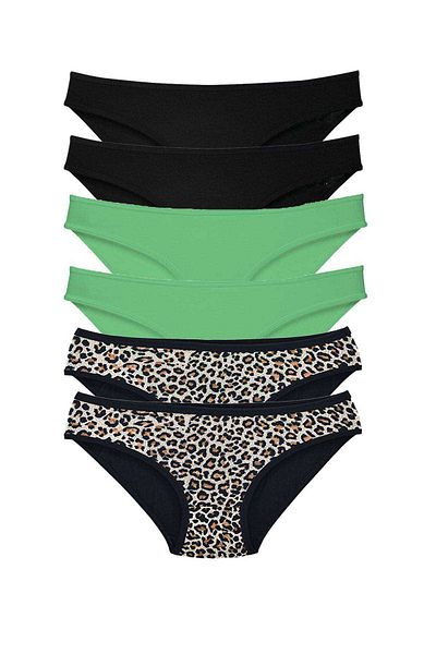 AC BOX 6 Pieces Lycra Women's Slip Panties Leopard Black Green