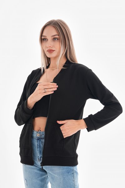 DEVRİMAY TEKSTİL Black Bomber Type College Collar Long Sleeve Zippered Stretch Fabric Jacket
