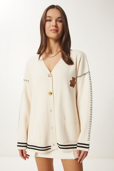 Lovelyİstanbul Teddy Bear Embroidered Knitwear Cardigan Bone Lyy0081