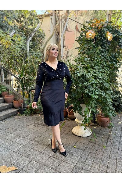 Butik Nilyam Γυναικείο μακρυμάνικο πέτο με πέρλες βελούδινο μίντι φόρεμα 24633