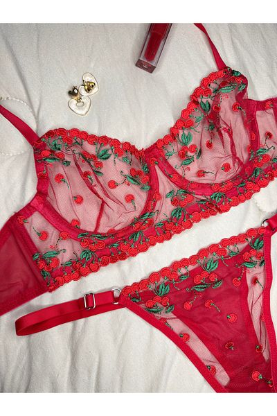 ROZENİN LINGERIE Set de sutien din tul fără cupă cu sârmă, roșu, verde, cireș (SUTIEN TANGA)