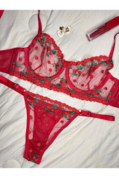 ROZENİN LINGERIE Σετ σουτιέν από τούλι χωρίς κάλυμμα με κόκκινο πράσινο κεράσι (ΣΟΥΤΙΕΝ TANGA)