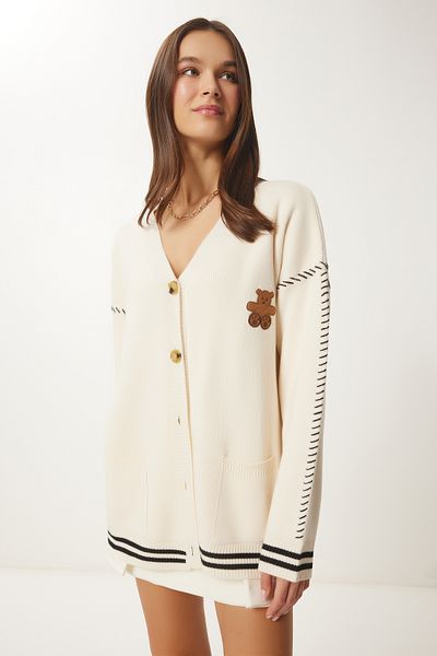 Lovelyİstanbul Teddy Bear Embroidered Knitwear Cardigan Bone Lyy0081