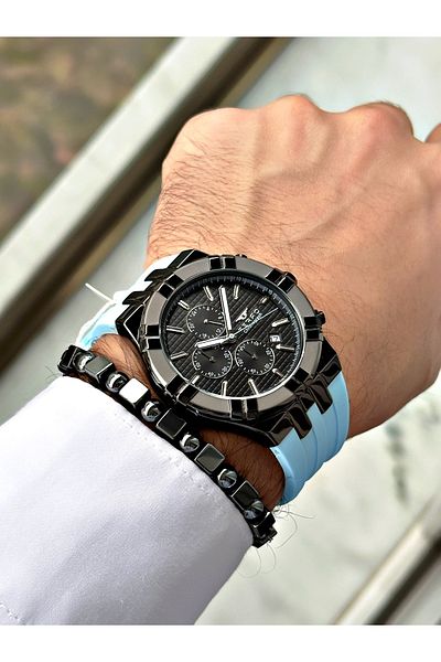 FERRO Blue Color Function Silicone Sports Men's Wrist Watch + Bracelet