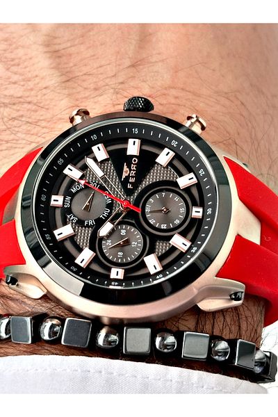 FERRO Red Color Sports Model Stylish Design Men's Wrist Watch + Bracelet Gift