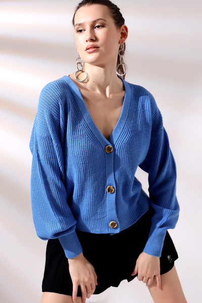 Devinka Μπλε Ζακέτα με V λαιμόκοψη - Γυναικείο Ζωντανό Παλτό με 3 Κουμπιά