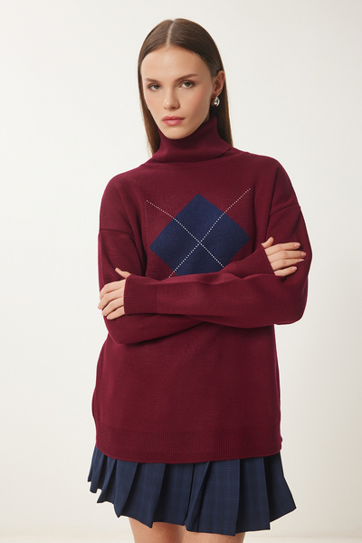 Lovelyİstanbul Pulover de tricotaj cu model diamantat cu gât roșu Claret LFN0077