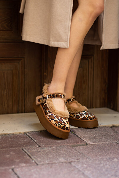 Pembe Potin Women's Leopard Nubuck Ballerina Model with Hairy Inside Flat Thick Comfortable Sole Women's Shoes