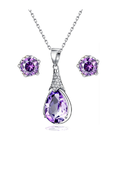 Brezza Lusso Jewelry Gümüş Su Damlası Ametist Taşı Kadın Kolye Küpe Seti Gümü...