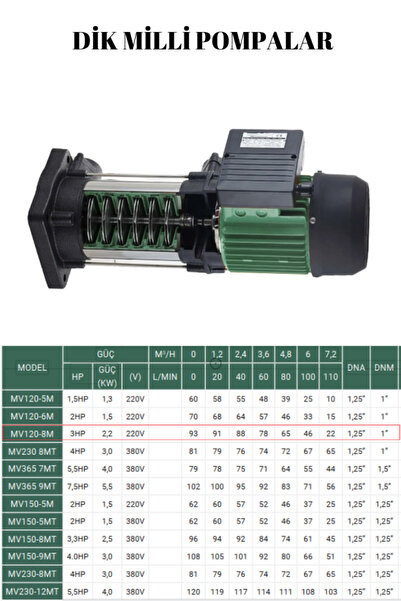 Kentaş MV120-8M 3 HP 220V DİK MİLLİ POMPA
