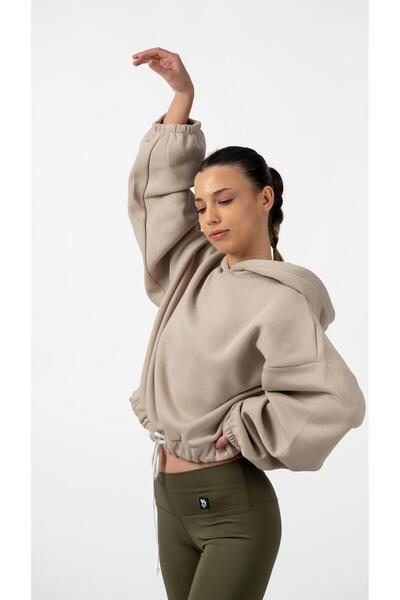 Keep Risen Soft Oversize Women's Crop Beige Sweatshirt with 3 Thread Fleece Inside