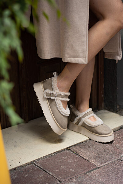 WMİLANO Kadın Bej Nubuk Balerin Model Içi Tüylü Düz Kalın Rahat Taban Kadın Ayakkabı