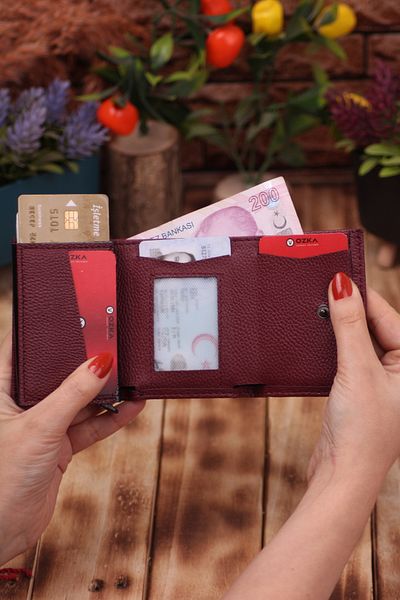 Ozka Leather Collection Burgundy Faux Leather Vegan Leather Mechanism Card Holder Wallet Portfolio