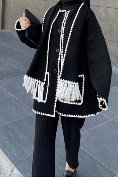 ALFUDO Moda Collection Nakış Detaylı Atkılı Yumuşak Kaşe Kaban - Ceket