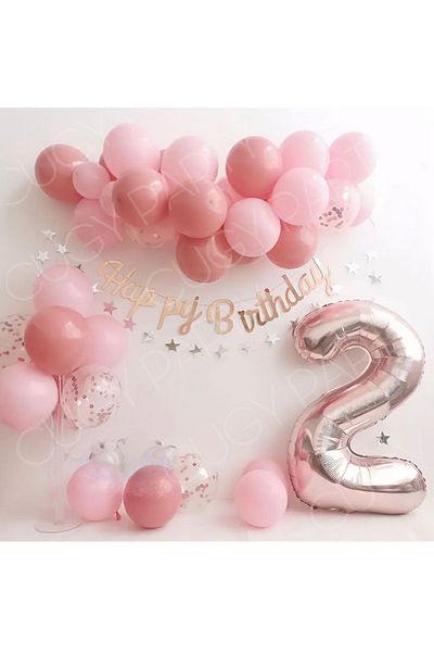 CUGY 2 Year Old Numerical Pink Tones Gold Banner Detailed Girl's Birthday Party Set