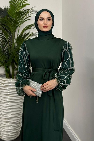MERVEN AKYÜZ Βραδινό φόρεμα Angelica Sleeves Glitter Emerald