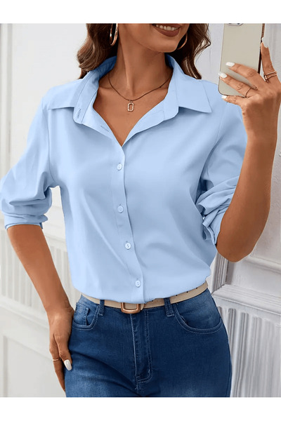 Moda Monisa Regular Bebe Mavisi Terikoton Kadın Gömlek | Günlük Kullanım | Ra...
