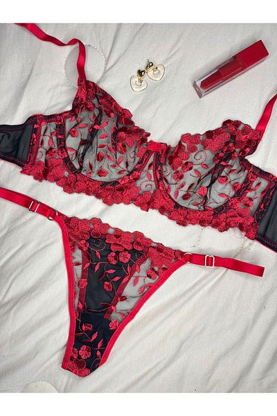 ROZENİN LINGERIE Set de sutien din tul transparent cu dantelă florală cu sârmă roșu negru (sutien tanga)