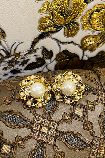 Pinart Vintage Model Klipsli Bronz Üstü Altın Kaplama Cam İnci Zirkon Taş Kad...