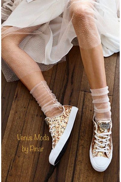 VENÜS MODA by Pınar Glittery White Bridal Socks - Tulle Socks