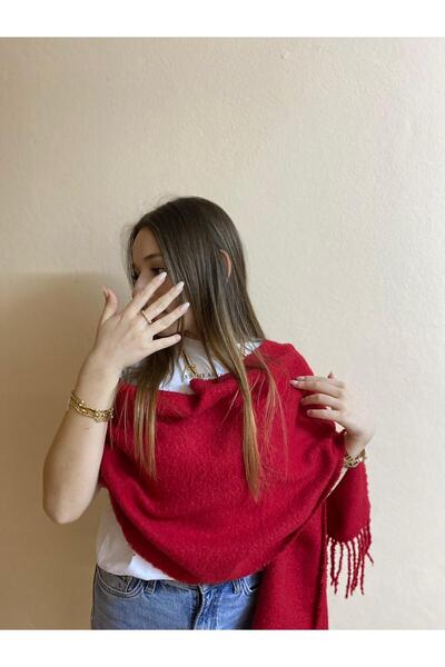 sema aksesuar Red Wide Tassel Boucle Scarf - Soft Shoulder Shawl - Women's Winter Gift