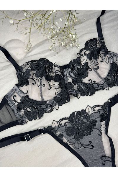 ROZENİN LINGERIE Set sutien transparent din tul fără cupă, cu sârmă, florală, neagră (SUTIEN TANGA)