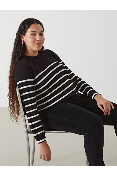 LC Waikiki Black Crew Neck Striped Long Sleeve Women's Knitwear Sweater