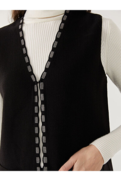 LC Waikiki Black V-Neck Patterned Women's Knitwear Vest