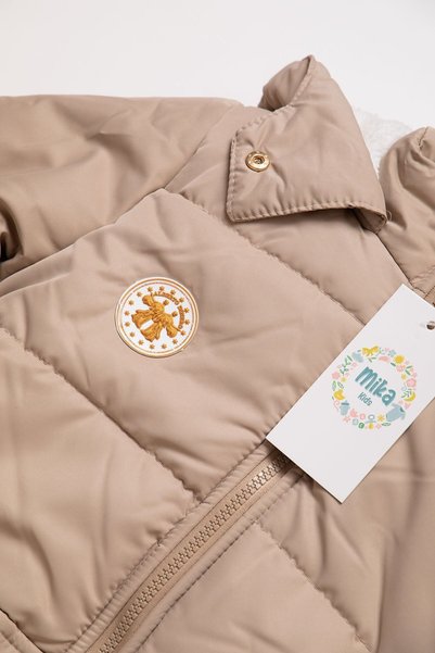 Mika Bebek & Çocuk Beige Girls' Coat with Snap Pocket Detail and Furless Hooded