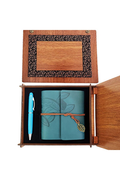 Skygo Blue Leather Notebook Pen Set with Wooden Box