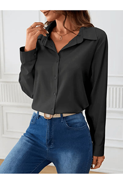 Moda Monisa Κανονικό μαύρο γυναικείο πουκάμισο από τερικότον |   Καθημερινή χ...