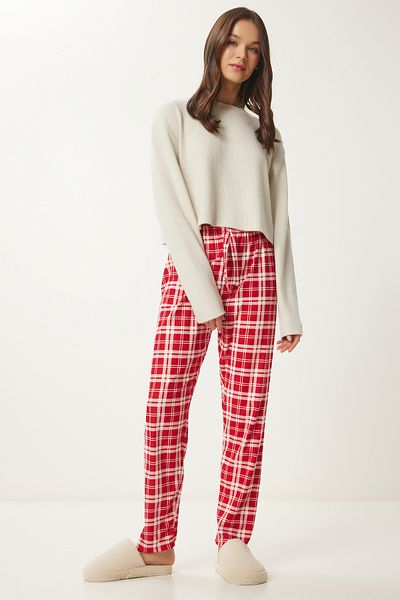 Lovelyİstanbul Red Soft Textured Patterned Pajama Bottoms - Kemiğ Lce0002