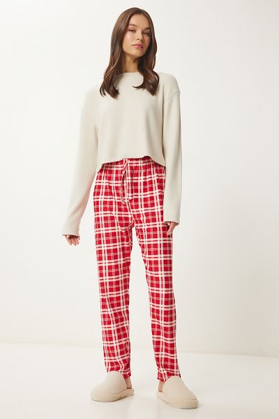 Lovelyİstanbul Red Soft Textured Patterned Pajama Bottoms - Kemiğ Lce0002