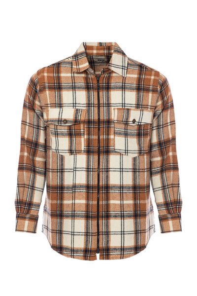 Denim Trip Regular Fit Fermuarlı Kahve - Krem Erkek Oduncu Gömlek