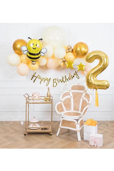 CUGY 2 Year Old Birthday Ornament with Bee Figure Yellow Gold Somob Balloon Chain Set