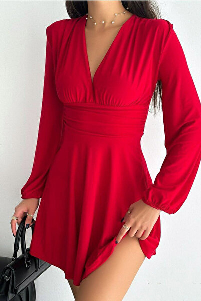 MissKybele Dekolteli V Yaka Ucu Lastikli Uzun Kol Bel Oturtmalı Lkralı Esnek ...