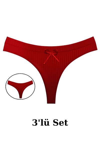 PJ & Me Red Colored Thin Corded 100% Cotton 3-Piece Women's String Set