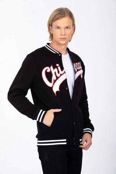 DYNAMO Men's Black College Collar Bomber Regular/Normal Cut Ribbed Inside Cotton Cardigan Sweatshirt 6752