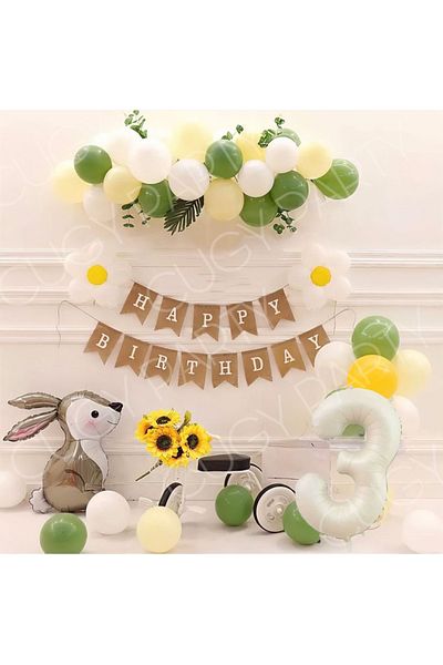 CUGY 3 Year Old Green Yellow White Balloon with Rabbit Figure and Daisy Detail Birthday Set