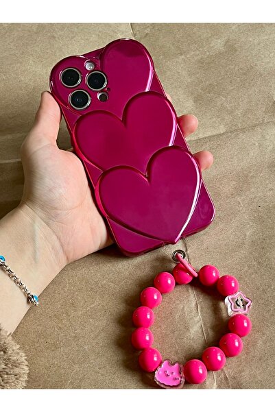 HYPERSOFT Iphone 15 Pro (6.1 inç) Uyumlu Boncuk Bileklikli Parlak Love Kalp K...