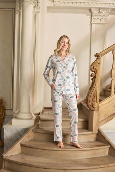 Aydoğan Lodos Store Aydoğan Women's V-Neck Long Sleeve Front Button Atlas Lyocell Pajamas Set with Moon Pattern