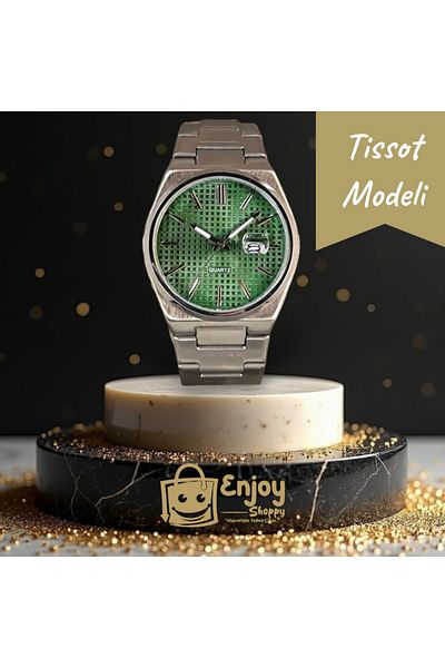 Enjoy ساعة يد رجالية باللون الأخضر - موديل تيسو بسوار فولاذي مع تقويم