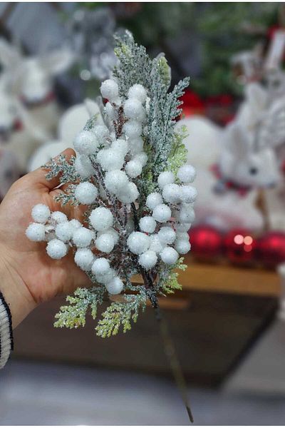 lolipophobi Snowy White Cockina Branch 25 cm 2 Pcs, Christmas Ornament, Artificial Flower, Decor