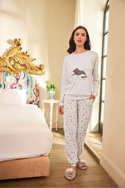 Aydoğan Aydoğan Women's Thermal Long Sleeve Pajamas Set - Placket Cat Pattern